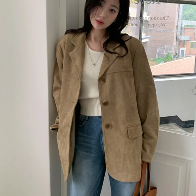 UNXX tersedia dalam stok Chic Korea musim gugur/musim dingin Retro Amerika Blazer Suede coklat Melard jaket lengan panjang untuk wanita kantor wanita