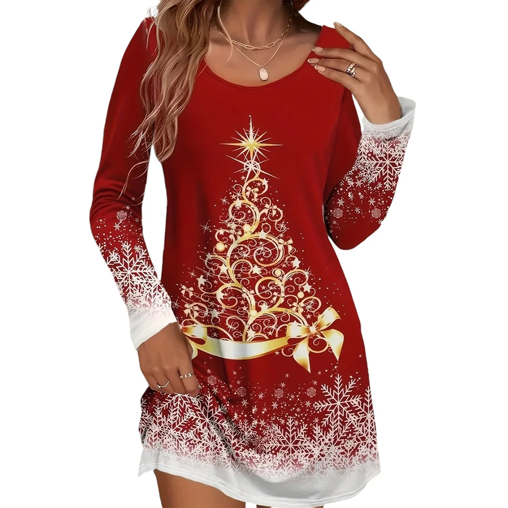 M Christmas Dress for Women Clothing 2024 Winter Long Sleeve Pullover Elegant Casual Female Sexy Xmas Printed Costumes Bodycon