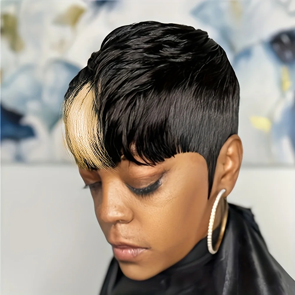 ピクシーカット ストレート 人毛ウィッグ 女性用 1B/613 #   カラーフルマシンメイドウィッグショートレイヤードストレートウィッグ前髪付き