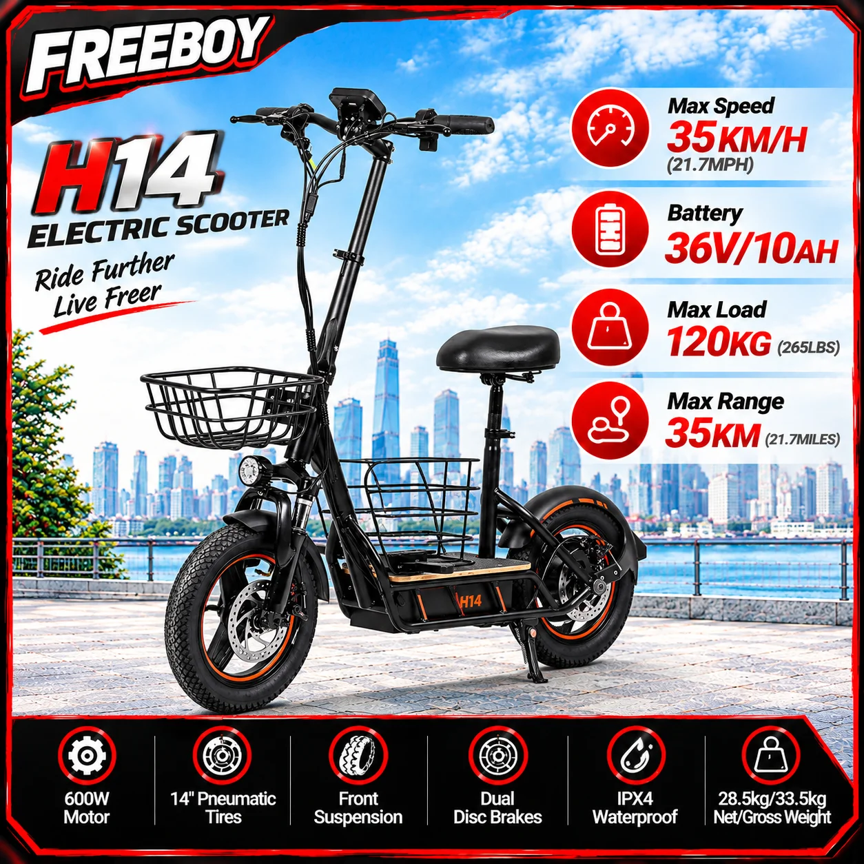 FREEBOY H14 Electric Bike, 600W Motor 14-Inch Pneumatic Tires, 36V 10Ah Battery, Dual Disc Brakes & Front Suspension, 35 KM/H Top Speed, 35 KM Range, Heavy-Duty Steel Frame for Adults