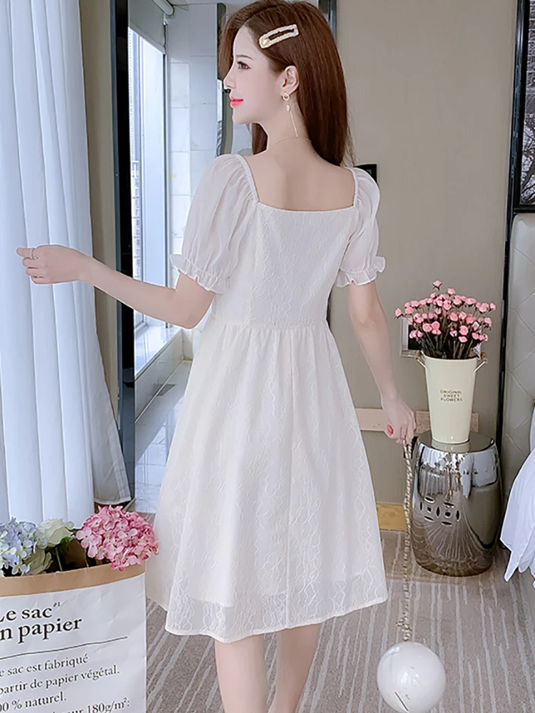 Women Korean Vintage Luxury Midi Dress Summer White Jacquard Chic Beading Square Collar Dress 2025 New Elegant Bodycon Vestidos