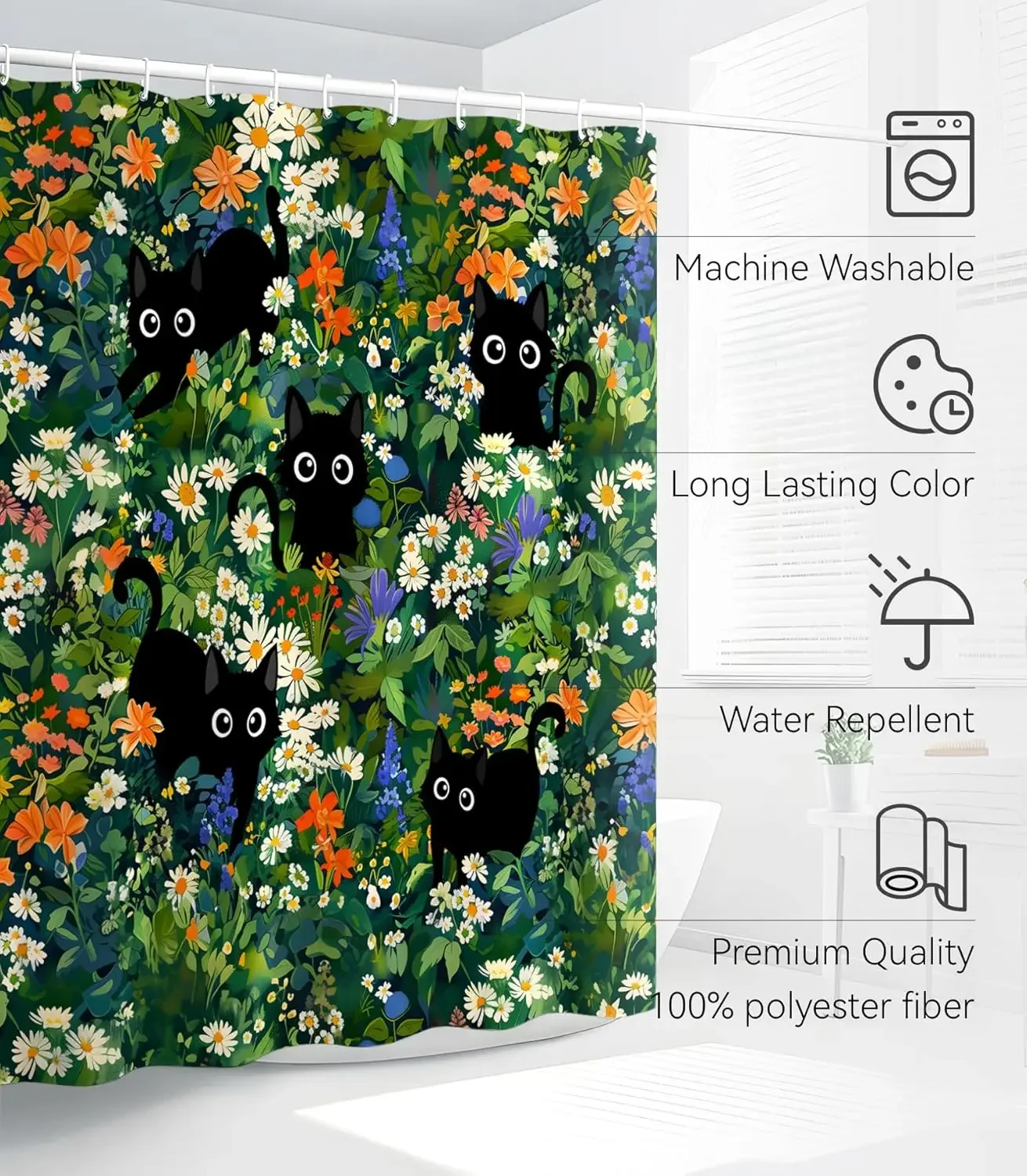 Shower Curtain for Bathroom Stall Boho Modern Cute Aesthetic Decorative Girly Waterproof Unique Cats Flowers Girls Chic Print