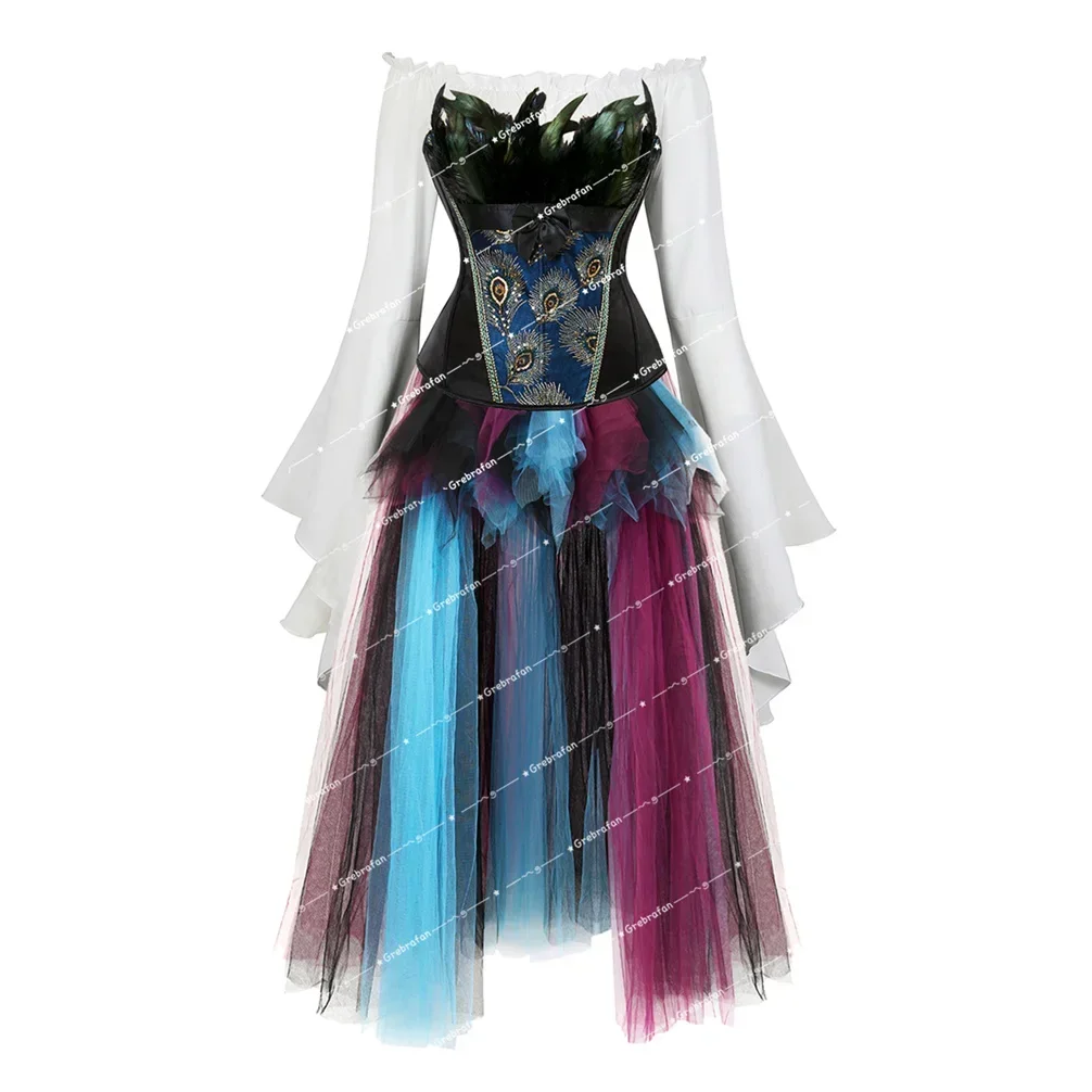 

Vintage Corset Skirt with Blouse Peacock Feather Basque Embroidered Lace-Up Bustier Gothic Victorian Halloween Costume for Women