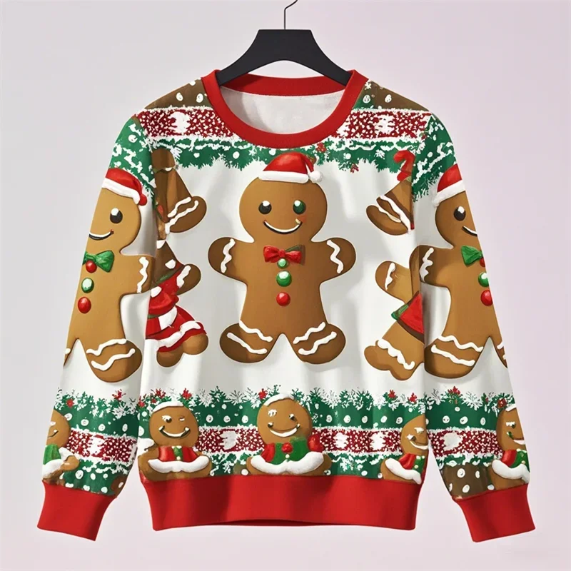 Cute Gingerbread Man Ugly Christmas Sweater Funny Kids 3D Print Xmas Sweatshirts Loose Mens Tracksuit Streetwear Pullovers Tops