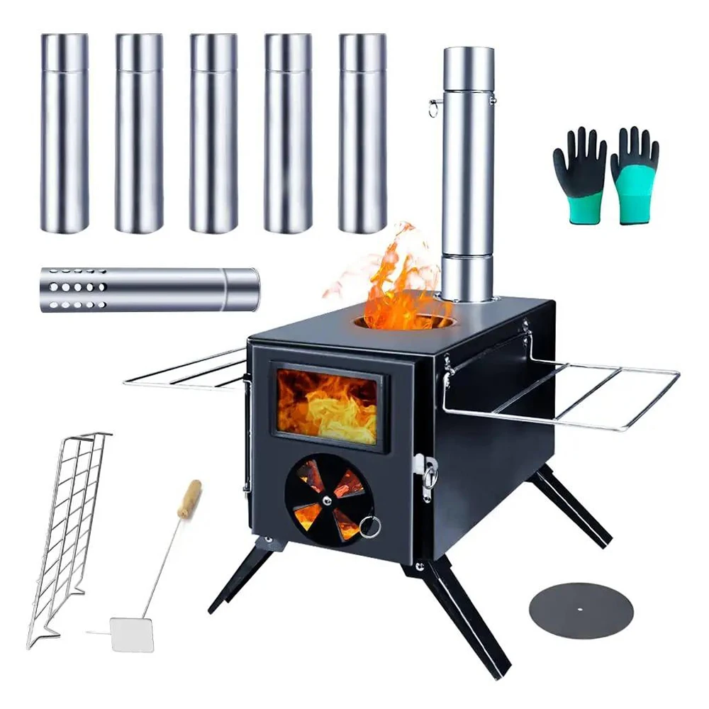 Rison Tent Wood Burning Stoves Portable With Chimney Pipes, Upgraded Titanium Surface Wood Burning Camp Stove Stainless Steel