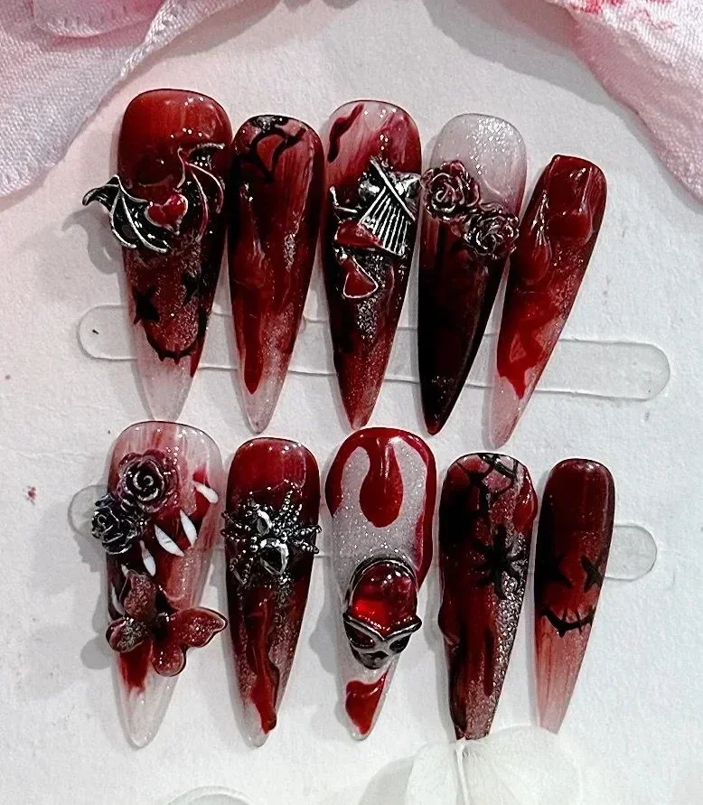 

Handmade Y2k Press on Nails Goth Style Black and Red Halloween Fake Nails with Design Full Cover Long Coffin Acrylic Nail Tips