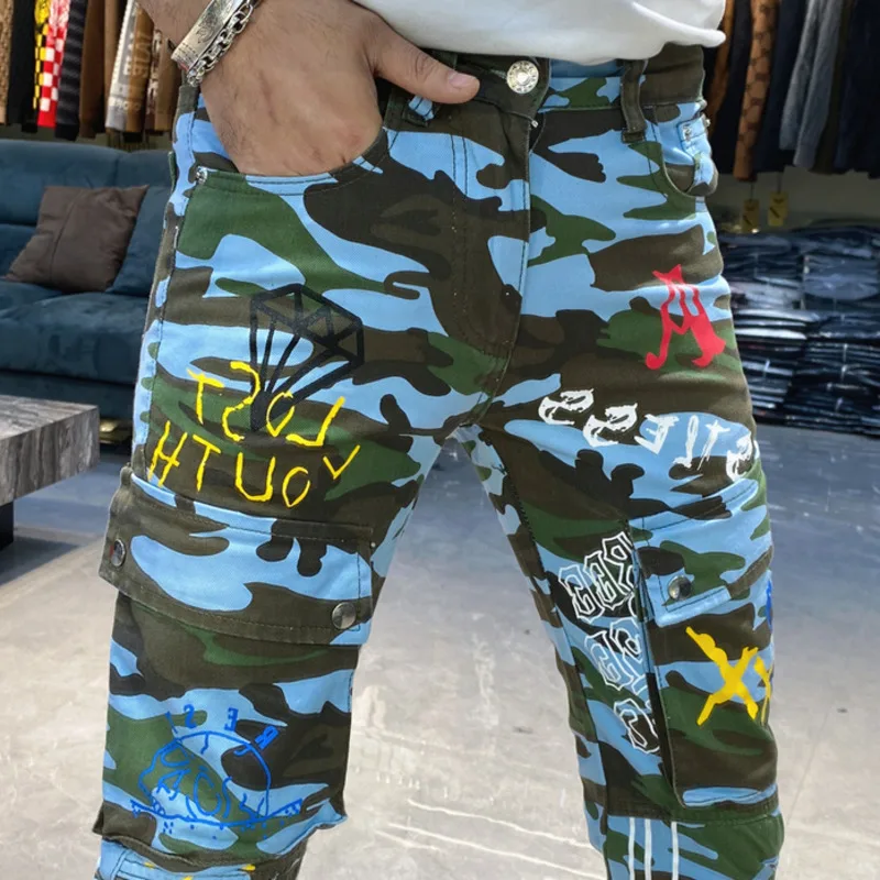 2024 Men Camouflage Multi Pocket Jean Street Printed Slim Fit Elastic Jean Motorcycle Pant Punk Denim Pant Versatile Jean Men