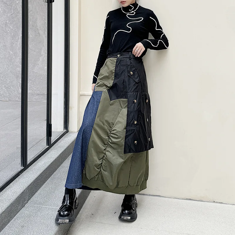 

Women Denim Skirts A Line Skirt Color Block Patchwork Pocket Empire Waist Loose Fit Slight Strech Streetwear Casual 2025 Autumn