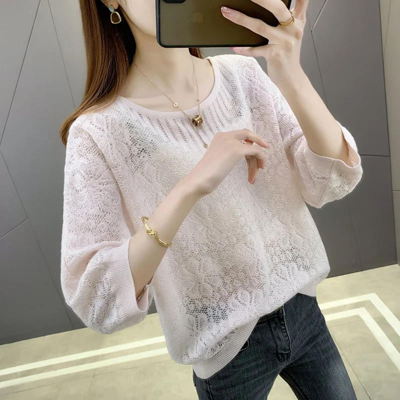 2024 Spring New Hollow Knitted Pullover Women's Thin Sun Protective Clothing Loose Fashion Sweater Versatile Loose Top