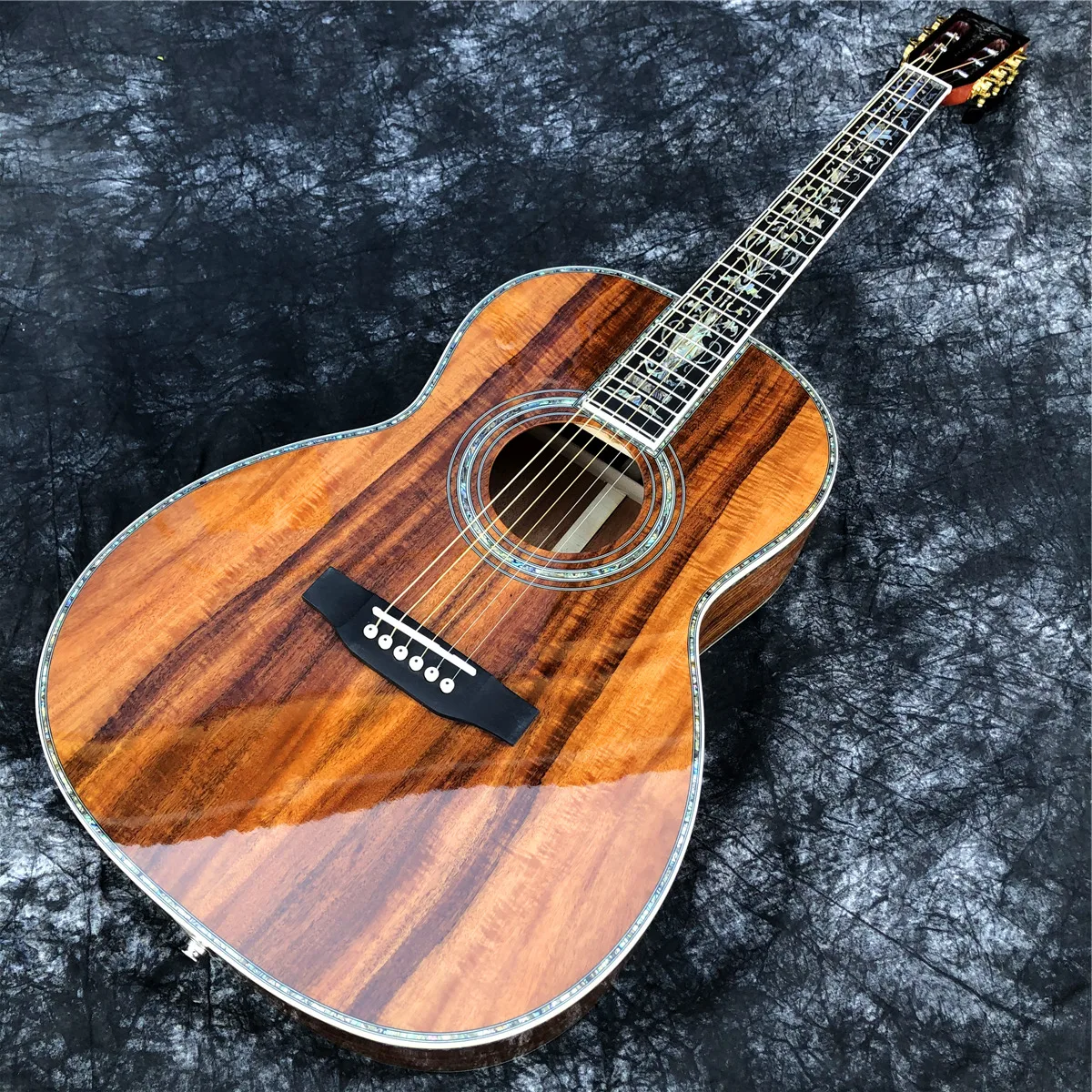 

39 Inches All Koa Wood OOO Type Acoustic Real Abalone Inlays Ebony Fingerboard Electric Guitar