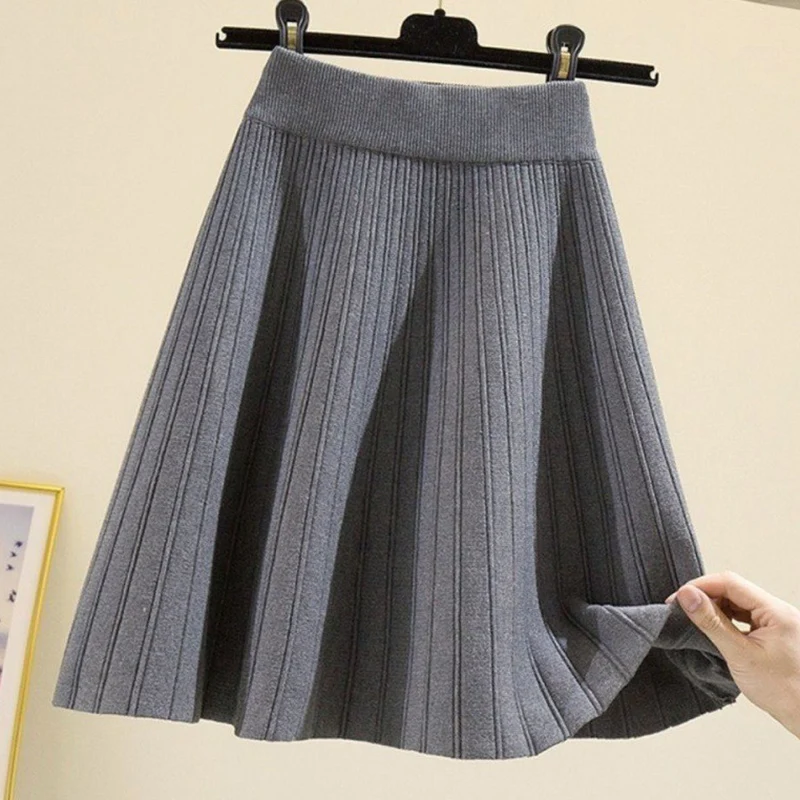 Fashion Elastic High Waist Knitting Skirts Women All Match Solid Color A Line Pleated Skirt Woman Trend Mini Skirts Female