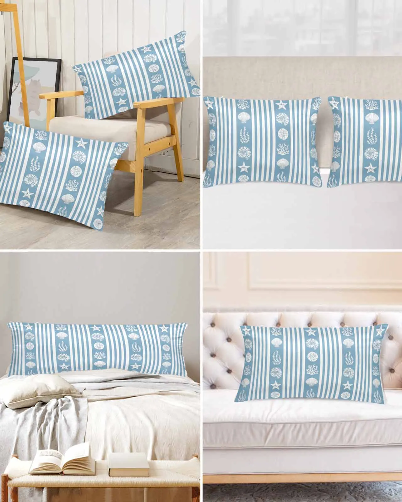 Ocean Striped Starfish Shell Jellyfish Coral Blue Bed Satin Pillowcase Sofa Pillow Cover Case Bedroom Satin Cushion Covers Home