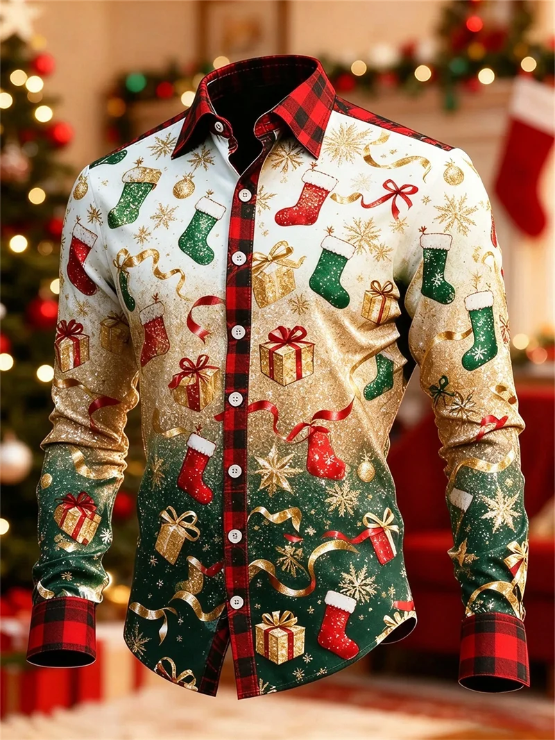 New Men's Red Haig Collar Long Sleeve Shirt Christmas Socks Gift Box Snowflake Printed Collar Holiday Shirt