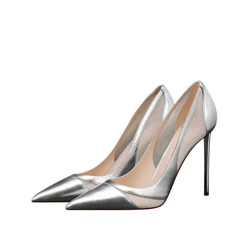 

Весенне-летние новые серебряные женские туфли на высоком каблуке с острым носком и неглубоким носком, тонкие одинаковые туфли, размер 32-45