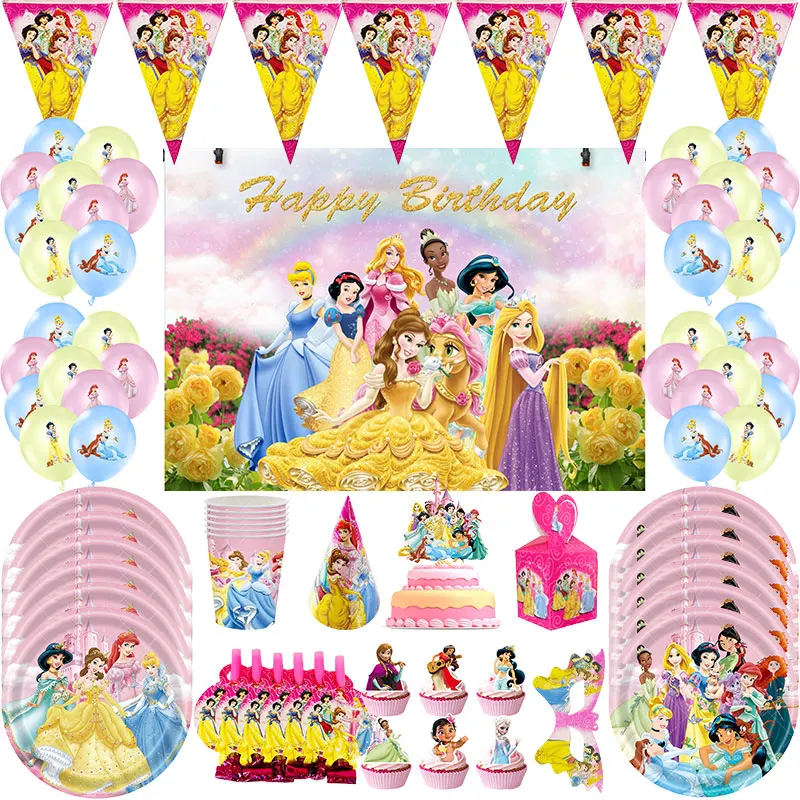 Disney Pink Princess Birthday Decoration Tableware Cups Plates Background Banner Balloon Girl Happy Birthday Party Supplies