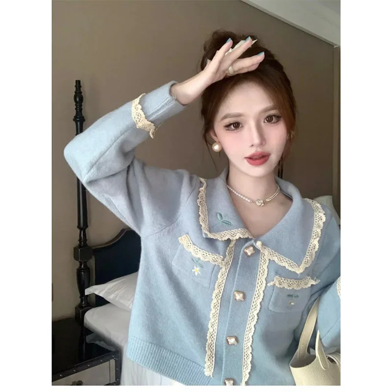 Women Autumn Winter Temperament Elegant Button Embroidered Color Blocking Knitting Women Clothes Turn-down Collar Pocket Sweater