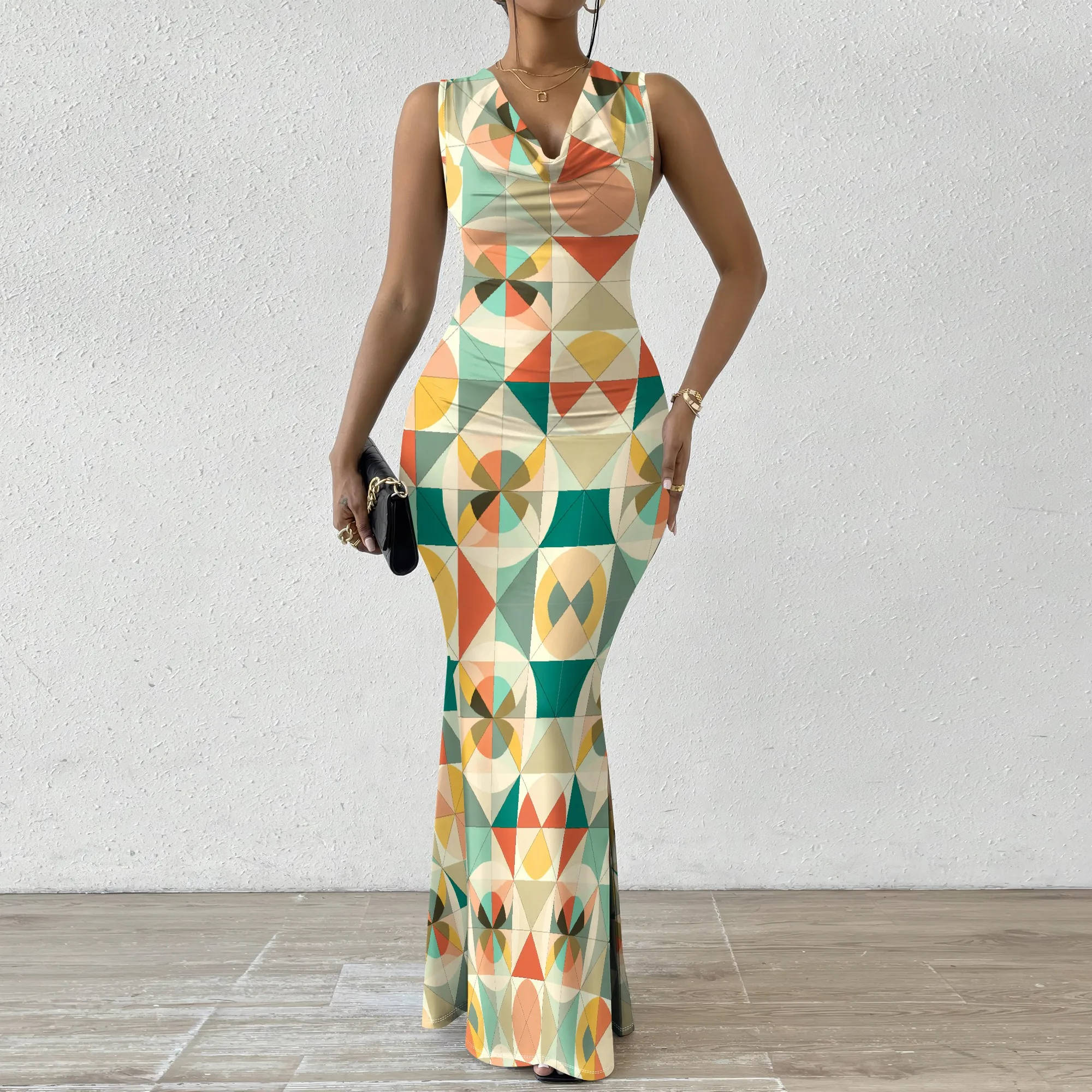 

Retro Geometric Print Mermaid Dress XS-2XL V-Neck Sleeveless for Cocktail Party, Art Gallery or Elegant Evening Look
