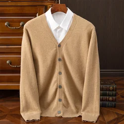 100% merino wool cashmere coat in autumn and winter Men's V-neck cardigan casual solid color padded knit coat warm coat