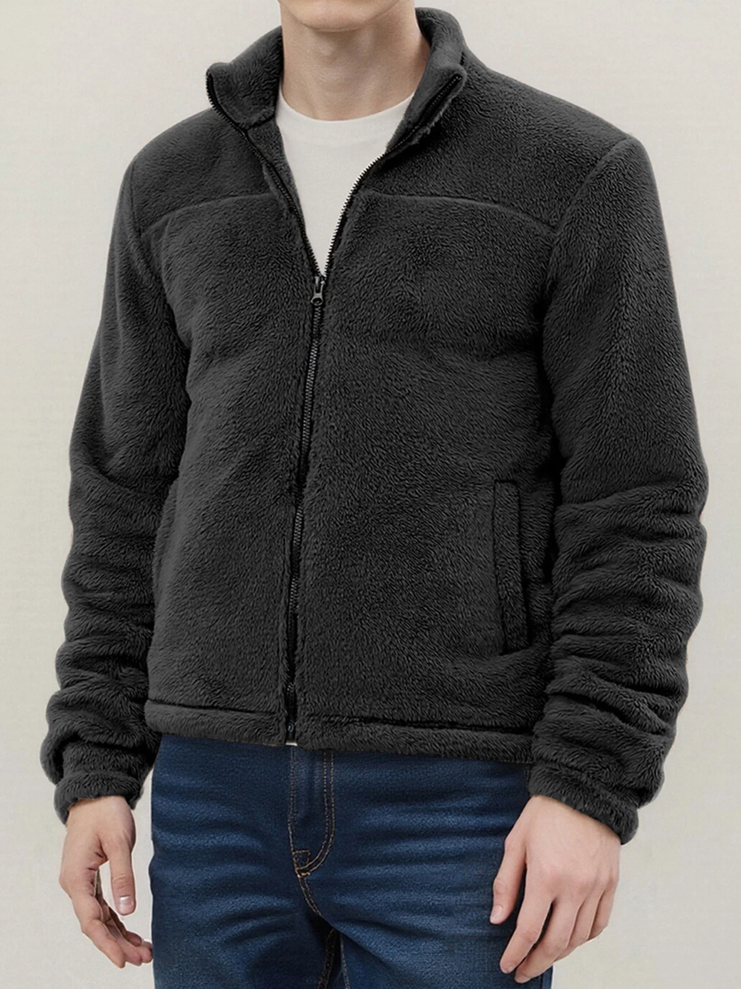 معطف شتوي للرجال أنيق بأكمام طويلة وياقة واقفة وسحاب للإغلاق وسترة من الصوف مع بطانة دافئة للطقس البارد #1