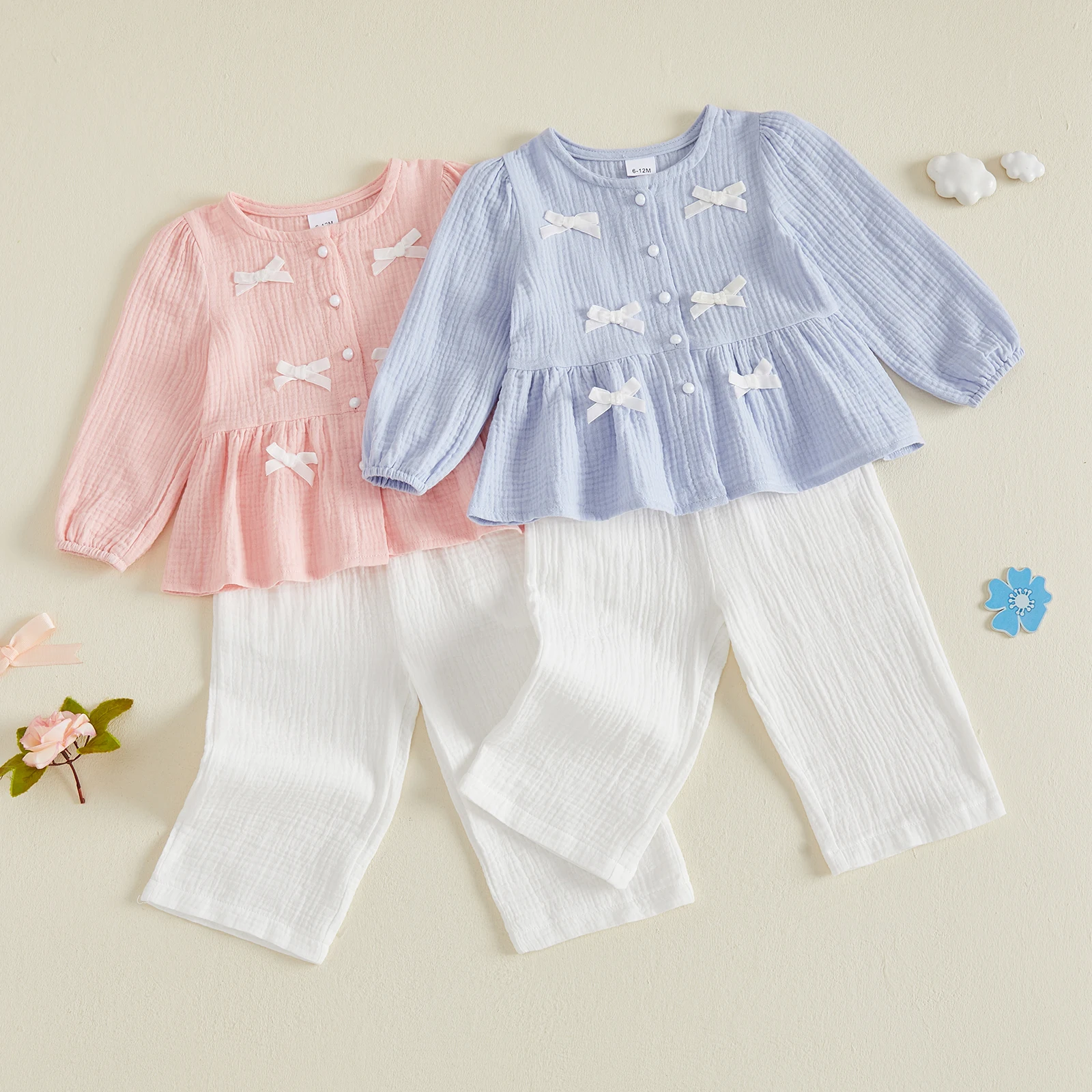 1-4Y Toddler Girl Fall Outfits Adorable Bow Decor Long Sleeve Shirt Tops and Pants Sweet Girls Clothing Set