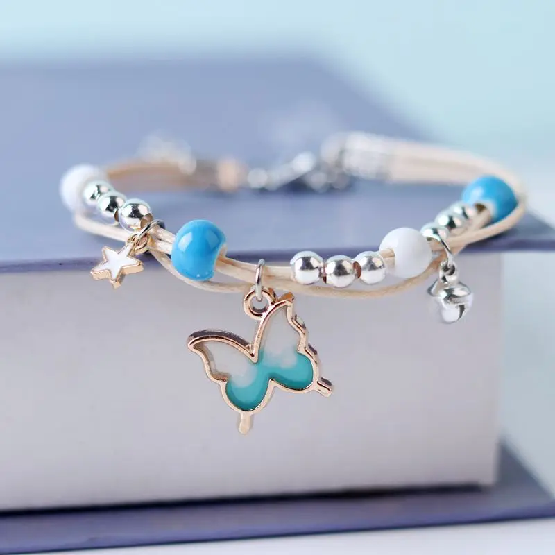 Kpop Cute Colorful Butterfly Bracelet for Women Girl Fashion Hand-woven Star Bell Beads Flower Pendant Bracelet Sister's Jewelry