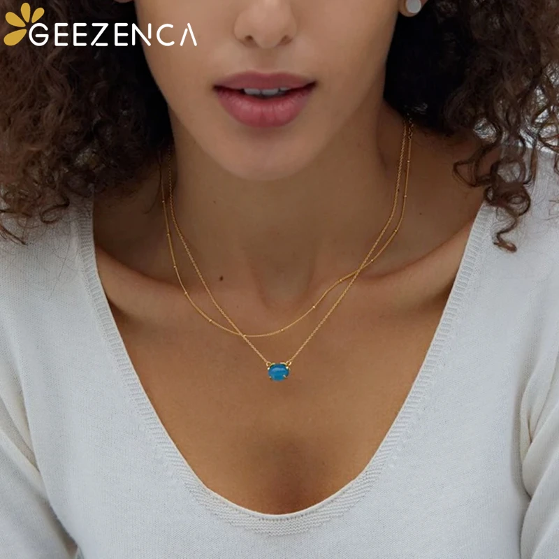 GEEZENCA Blauwe Agaat S925 Zilver 18 K Goud Ovale Hanger Ketting Voor Vrouwen Eenvoudige Minimalistische Chic Chokers Kettingen 2024 Nieuwe