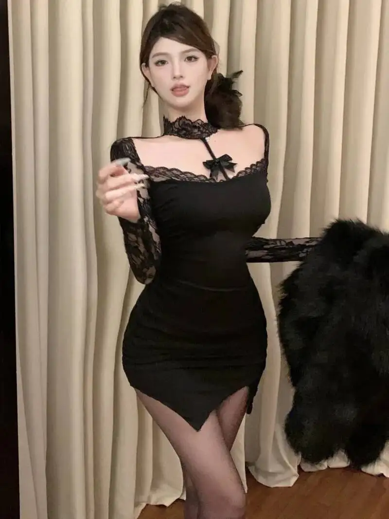 Design Sense Mesh Lace Sheer Pure Desire Lace Splicing Hollow Out Spicy Girl Sexy Slim Transparent Dress Elegant Fashion 2IN9
