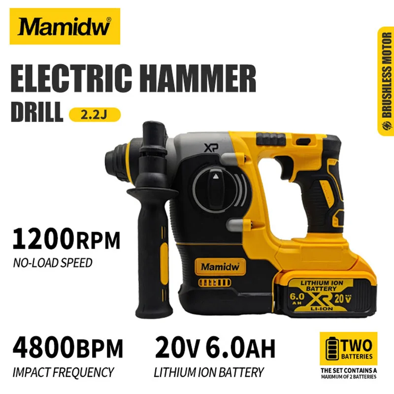

Rotary Hammer For DEWALT 20V Battery (Tool Only) | 1200 RPM with Impact Energy | LED Work Light & Anti-Vibration Handle | for Co