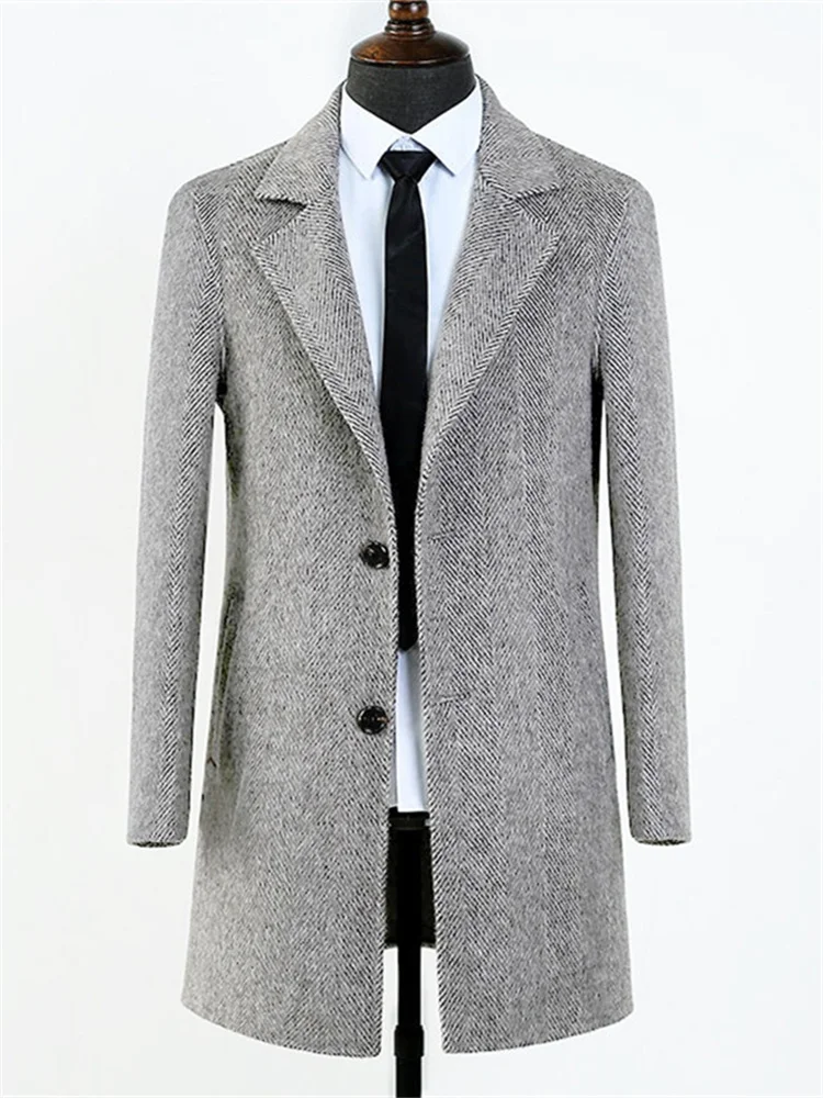 شقة طوق الرجال معطف الخريف الشتاء منتصف طول متعرجة واحدة الصدر السترة الصوف مزيج سليم صالح بدلة على الموضة جاكيتات 2025 #6