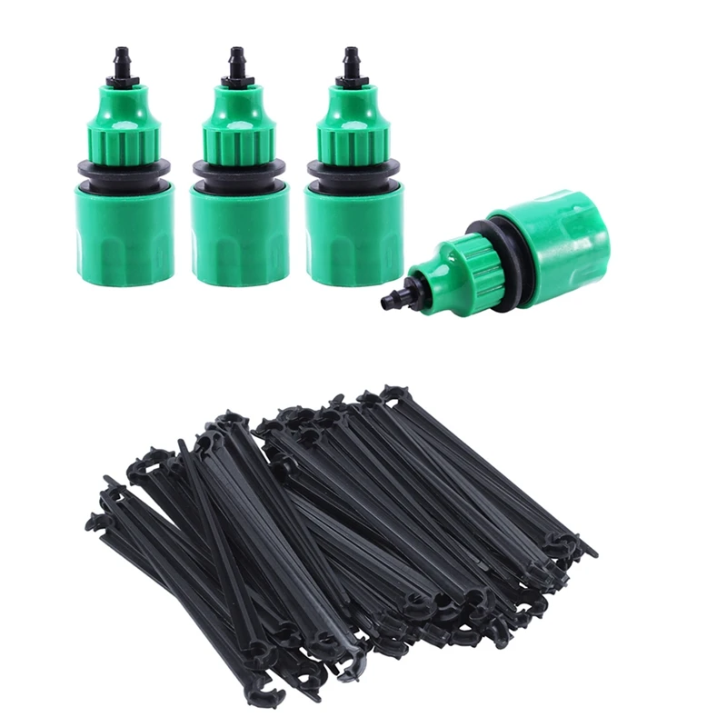 

HOT-4X Garden Hose Pipe One Way Adapter Tap Connector Fitting & 50Pcs C-Shaped Garden 4 / 7Mm Drip Irrigation Pipe Bracket