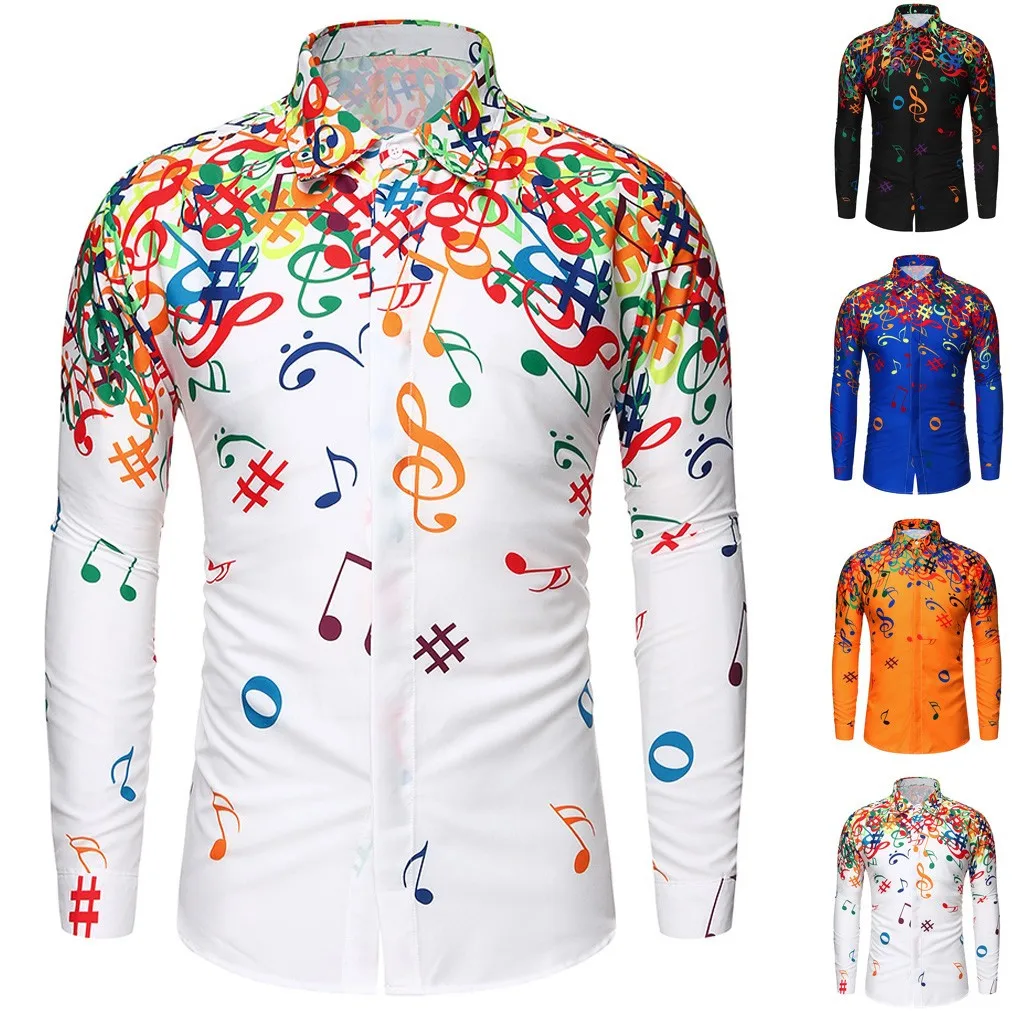 Men Casual Shirt Novelty Musical Note Pattern Harajuku Autumn Fashion Blouses Long Sleeve Design Slim Fit Top