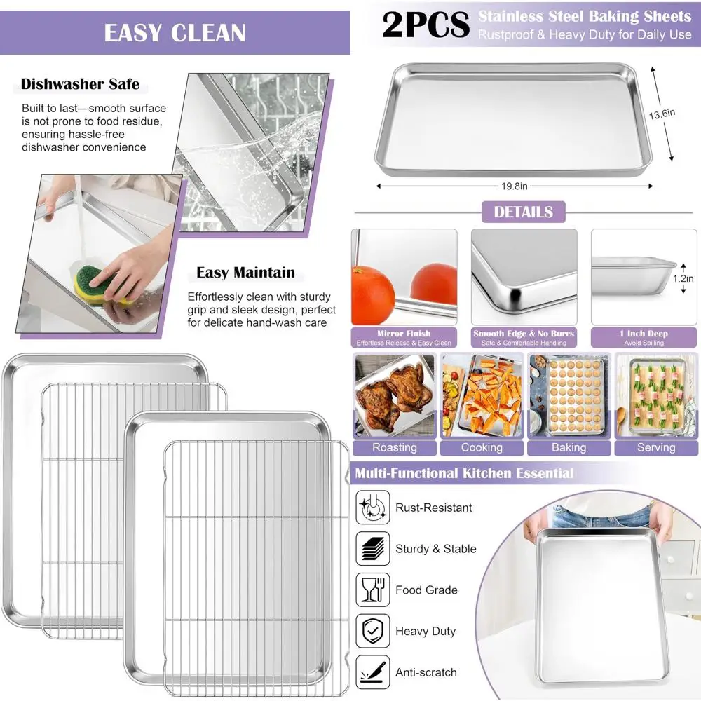 

Large 20x14 Inch Stainless Steel Wire Rack with 2 Pans and 2 Racks, Non-Toxic, Heavy Duty, Rust-Resistant, Oven and Dishwasher S