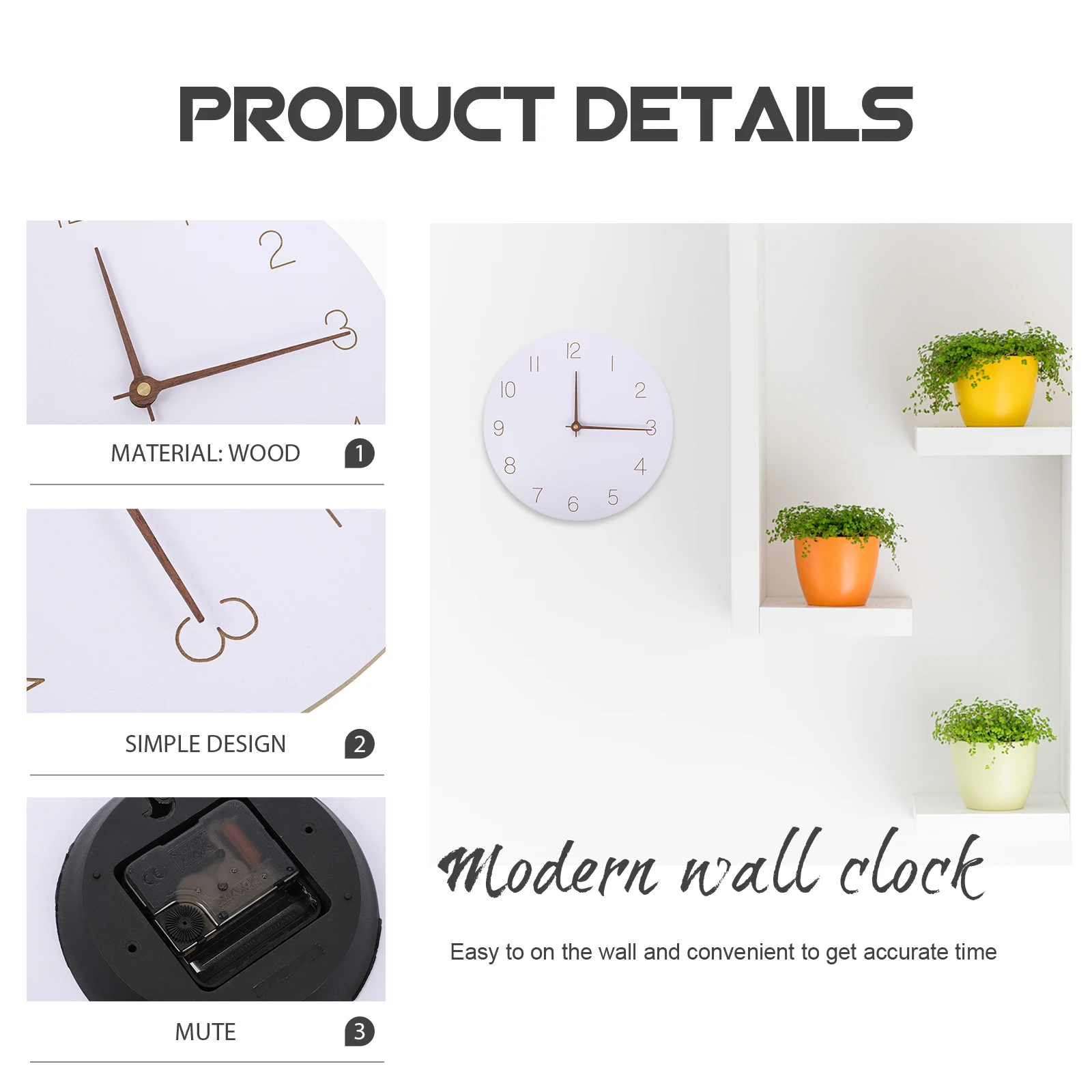 

Wooden Decorative Clock Simple Nordic Bedroom Silent Bamboo Wall Style Noiseless