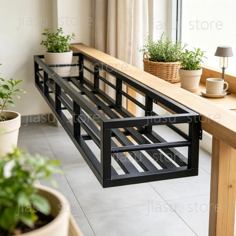 Black Stainless Steel Hanging Planter Rack, Balcony Railing Flower Pot Bracket, Window Plant Hanging Storage Shelf Organizer