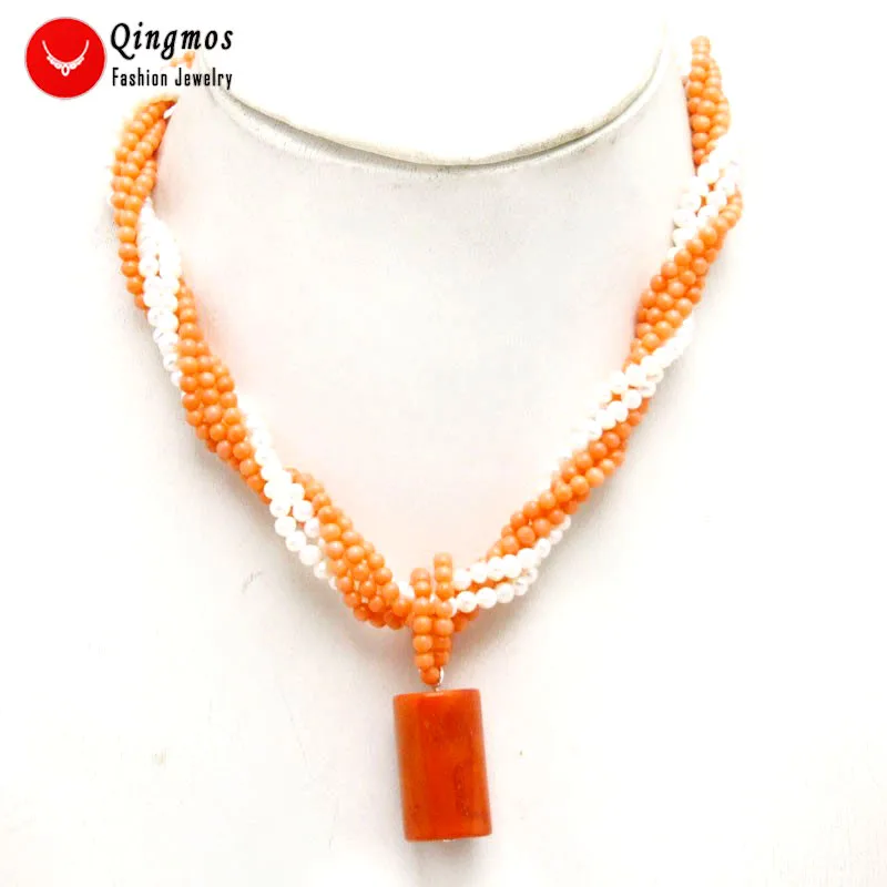 

Qingmos 15-20mm Natural Pink Coral Pendant Necklace for Women with 4mm White Pearl Necklace and 3mm Pink Coral Necklace 17''