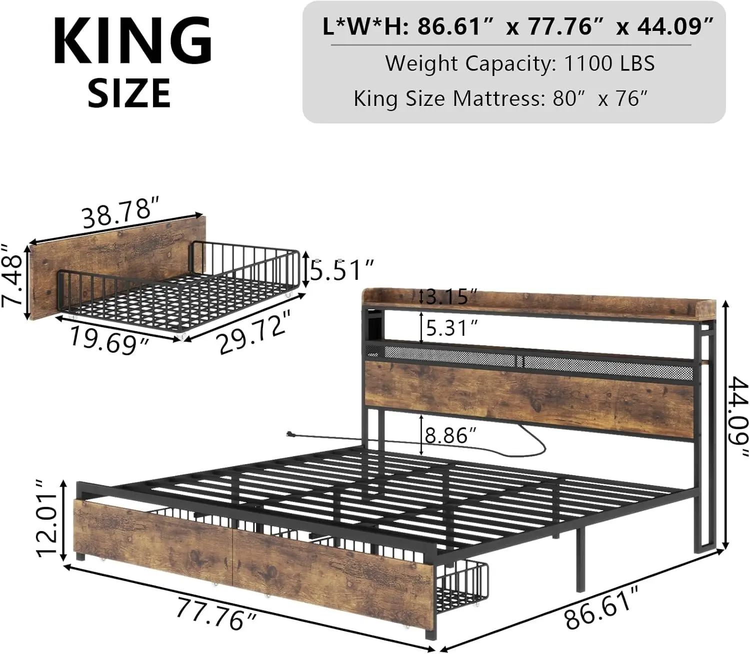 Kingsize Bedframe Met 2 Opbergladen, Led Bedframe Met Laadstation, Metalen Platform Bedframe Met 2-laags Opberghoofdeinde