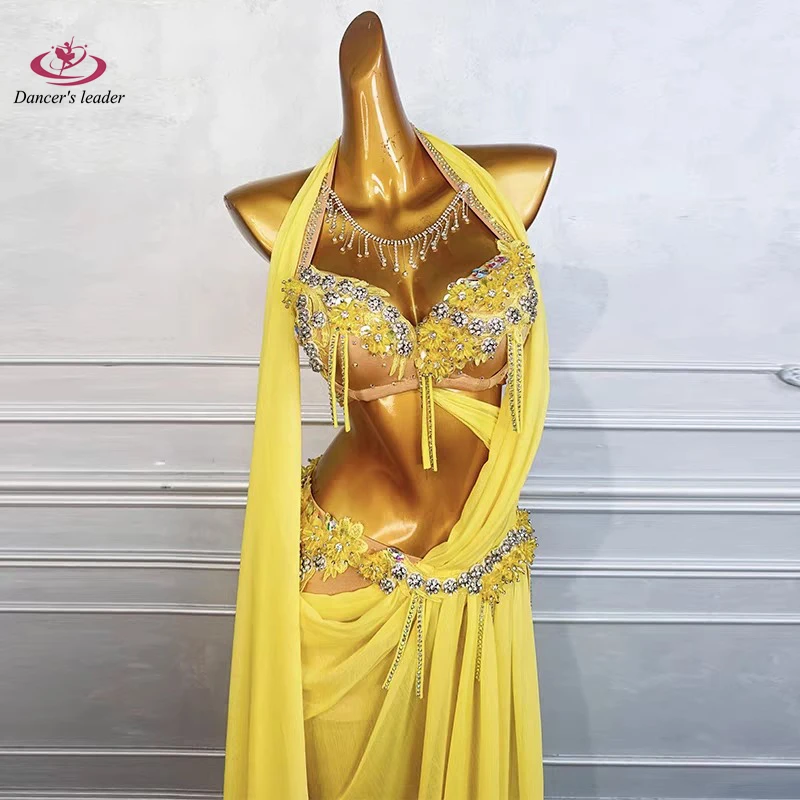 زي الرقص الشرقي حجر الراين الإناث الكبار الراقية معلقة الرقبة الجوف شق تنورة طويلة أداء السامبا فستان فلاش عالية