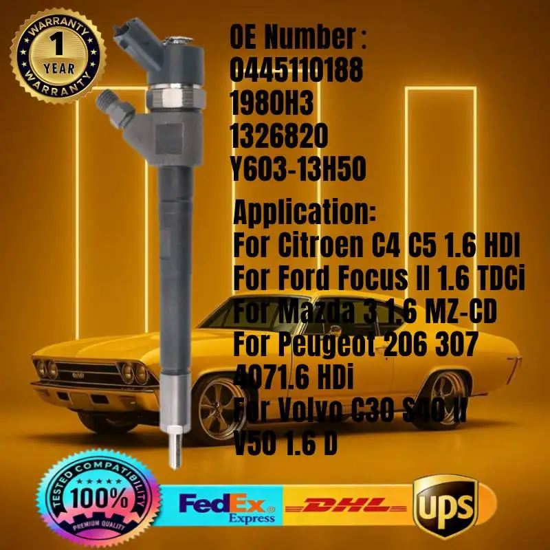 0445110188 1326820 Y603-13H50 Common Rail Fuel Injector for Citroen C4 C5 1.6  For FordFocus II 1.6 ForMazda 3 1.6 For Peugeot