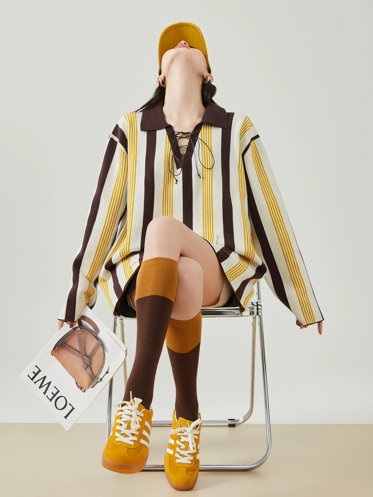 

American Retro Yellow Striped Ne Knitted Sweatirt Women Loose Korean Sle High-End Casual Versatile Trendy Top