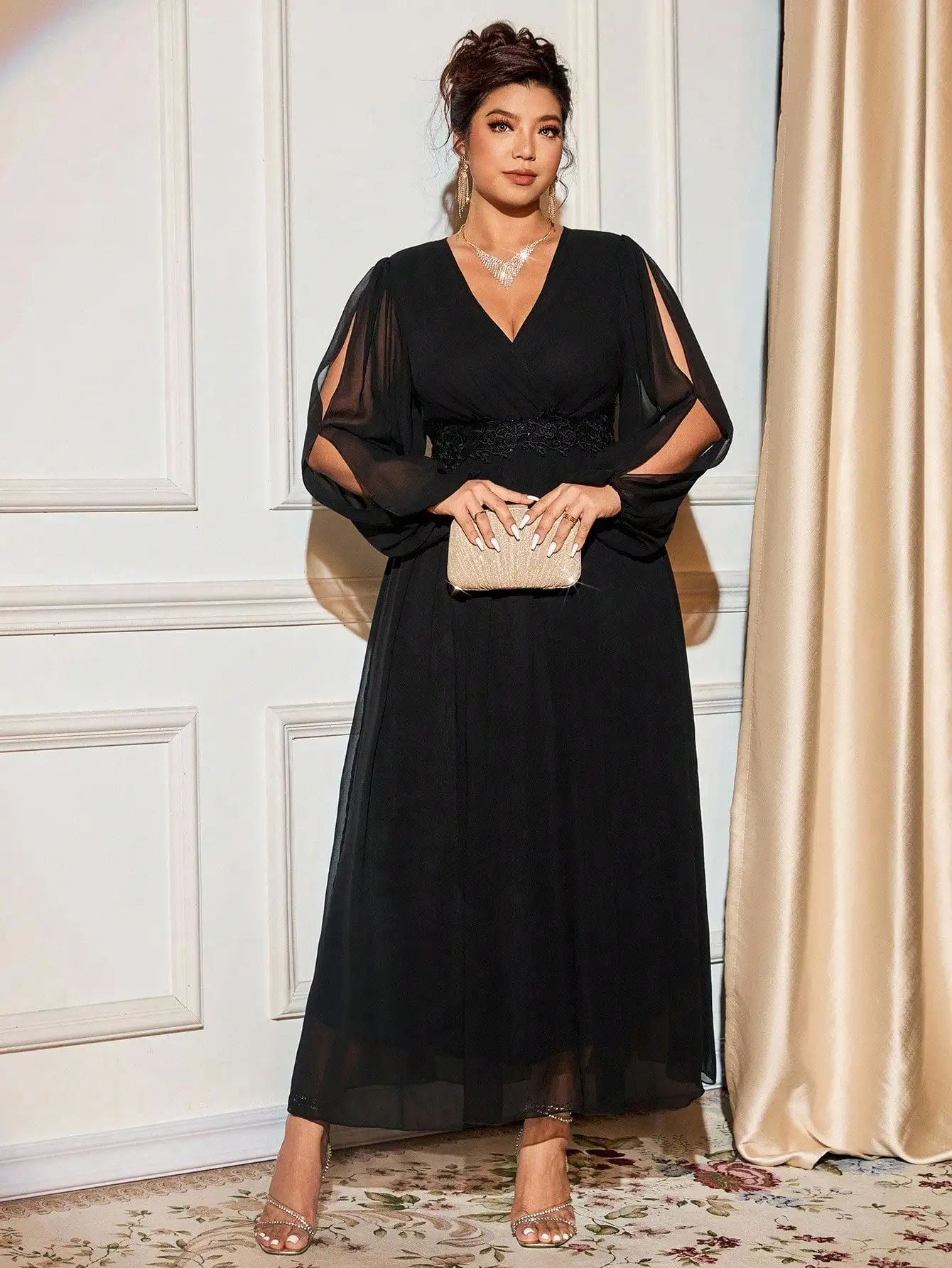 

Black V-Neck Sheer Sleeve Maxi Dress with Lace Waistband, Plus Size