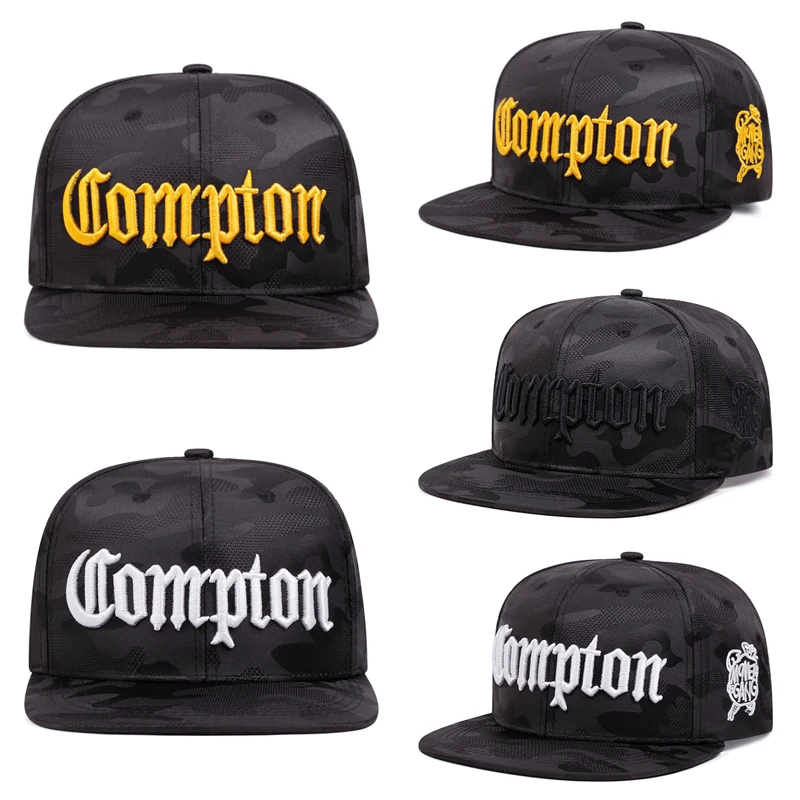 2026 New Creative Flat Edge Hat Camouflage Compton Embroidery Hip Hop Hat Skateboarding Hat Daily Leisure Sunshade Baseball Hat
