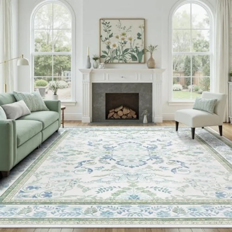 

Green 8x10 Rug for Living Room Bedroom Nursery: Kid Pet Friendly Rubber Back Non Slip Machine Washable Stain Resistant Soft Low