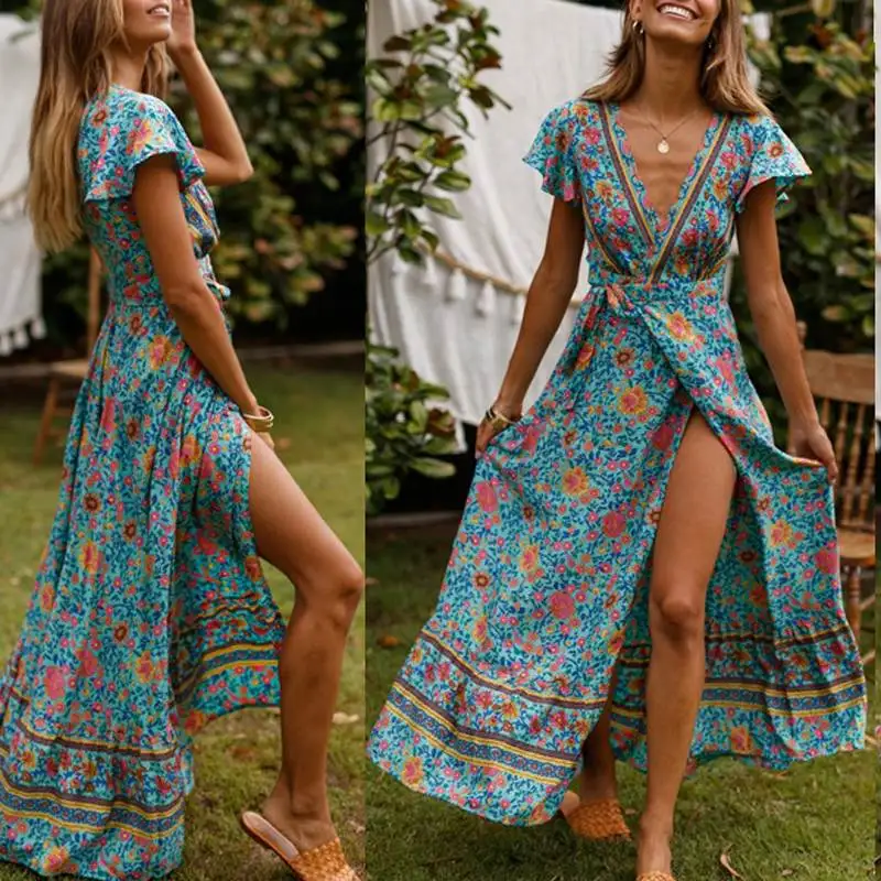 Bali Vaion Sle Deep V Cotton Silk Retro Print ort Sve Long  Beach Dr Summer Street Sle Midi Waist Gown