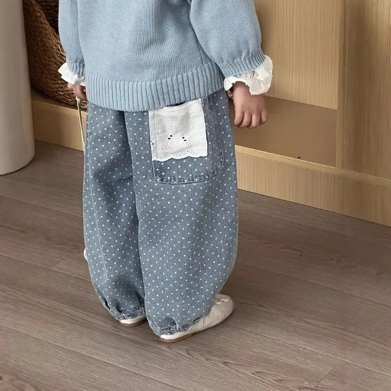 

Polka Dot Jeans 2025 Spring and Autumn New Korean Fashion Casual All-match Wave Point Lace Patchwork Jeans