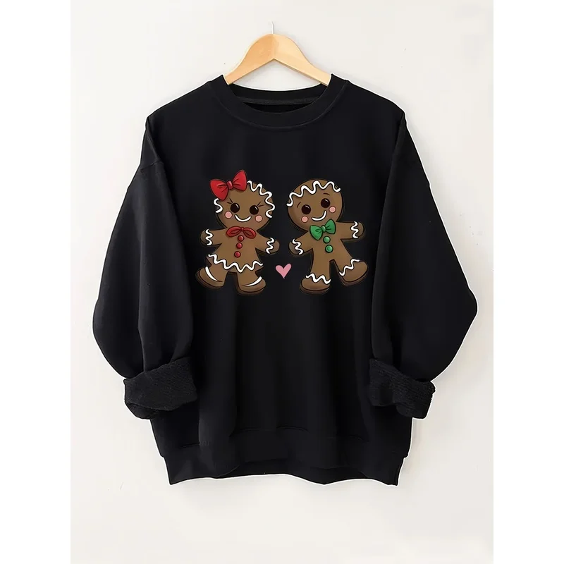 Women's printed crewneck sweatshirt，Includes gingerbread man design，Perfect for short trips within the city