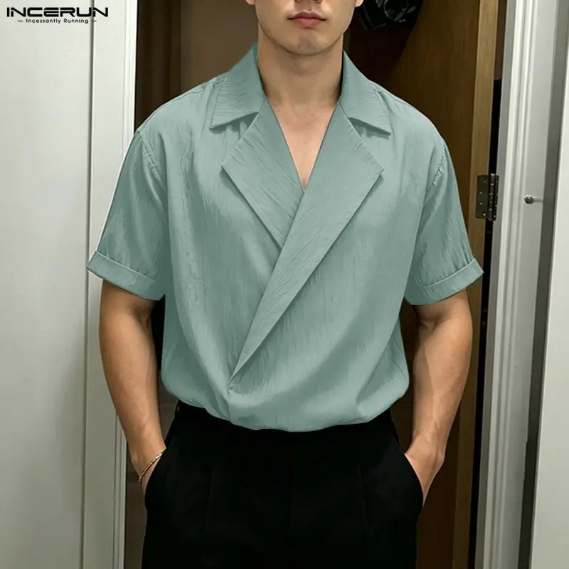 INCERUN Men's Shirt Solid Lapel Short Sleeve Casual Men Clothes Tops Summer Streetwear Loose 2026 Fashion Casual Shirts Camisas