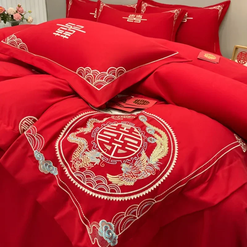 

New polished wedding embroidery four-piece set of bright red embroidery light luxury bed dowry quilt cover bedding simple