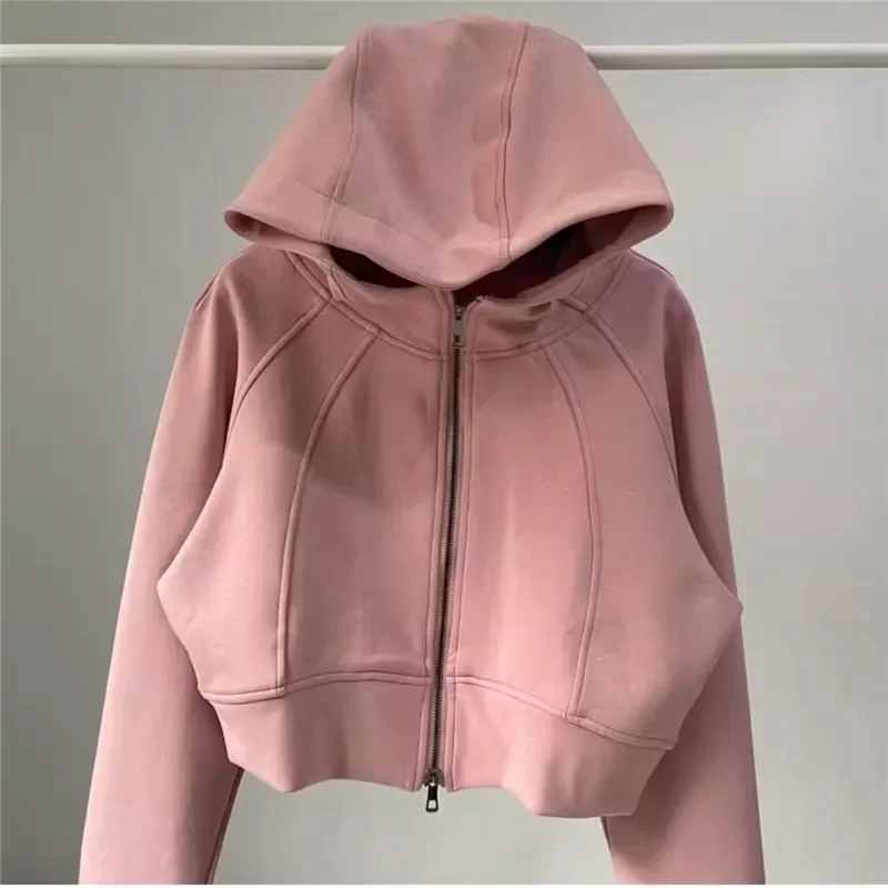 

Fashion Zipper Womens Sports Hoodie Loose Solid Short Jacket Autumn Winter Casual Versatile Hooded Woman Clothing