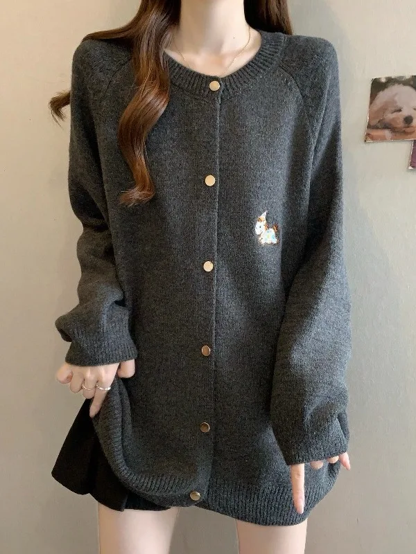 

ay Long Sve Embroidered Knitwear Outerwear Women's Loose Medium Length Cardigan Winter plus Size Casual Sle Comfortable
