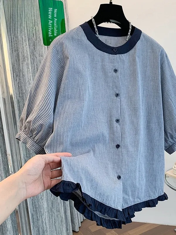 

Ele Stripe ort Sve Loose Women's irt Bubble Sve Light Luxury Anti-Aging Wooden Ear Color Blo Summer Top